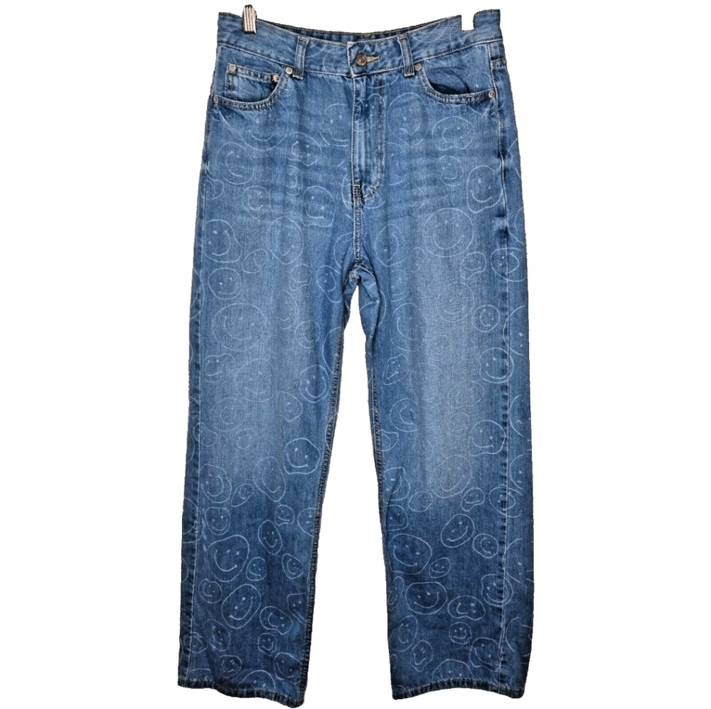 Forever 21 Happy Face Jeans Size 28 Blue Groovy Retro Wide Leg Cotton 28x29